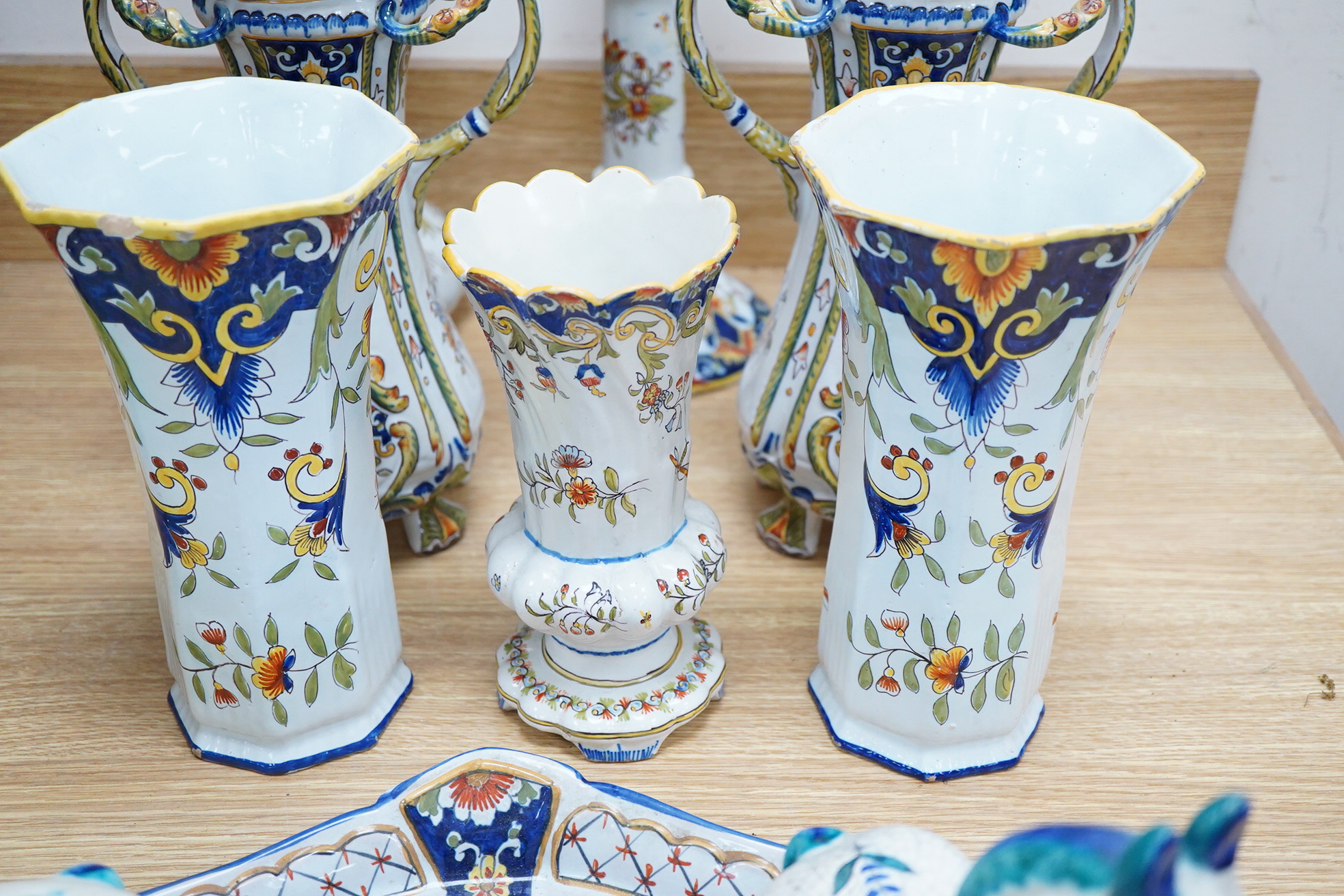Three pairs of 19th century French faience vases, octagonal raven tray etc